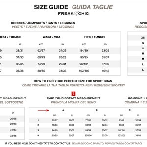 Puede incluir: Gu&iacute;a de tallas con medidas en cm y pulgadas para vestidos, monos, pantalones, leggings y sujetadores deportivos. Incluye medidas de pecho, cintura y cadera. Instrucciones sobre c&oacute;mo encontrar la talla perfecta para sujetadores deportivos.