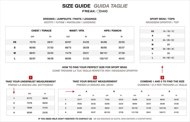 Puede incluir: Gu&iacute;a de tallas con medidas en cm y pulgadas para vestidos, monos, pantalones, leggings y sujetadores deportivos. Incluye medidas de pecho, cintura y cadera. Instrucciones sobre c&oacute;mo encontrar la talla perfecta para sujetadores deportivos.