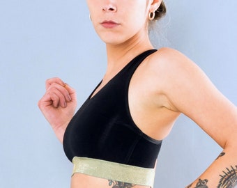 Bamboo Yoga Sport Bra, Black Sport Bra, Yoga Top, Sport Bra with soft Lurex elastic band, Bamboo Sport Bra, Made in Italy