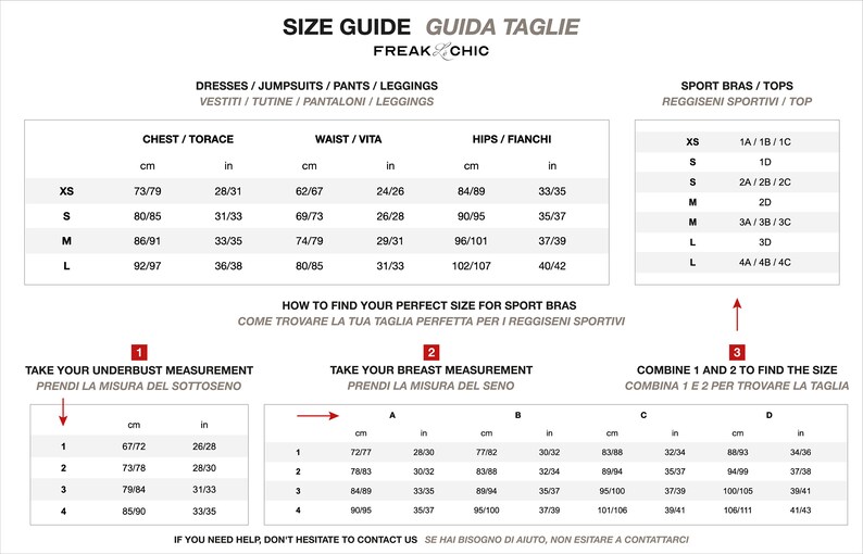 May include: Size guide with measurements in centimetres and inches for dresses, jumpsuits, trousers, leggings, and sports bras. Includes chest, waist, and hip measurements. Instructions on how to find the perfect size for sports bras are provided.