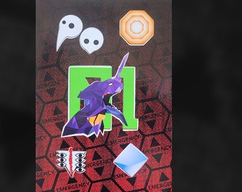 May include: A collage of stickers featuring a purple and black creature with a green background, a white ghost, a blue diamond, a red and white symbol with three eyes, and a yellow hexagon.