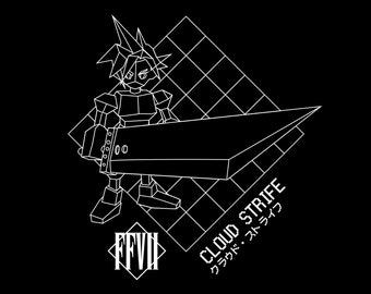 May include: A black and white illustration of a video game character, Cloud Strife, from Final Fantasy VII. He is holding a large sword and standing on a grid pattern. The text "CLOUD STRIFE" and "クラウド・ストライフ" is written below the character.