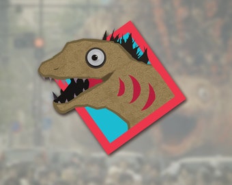 May include: A cartoon illustration of a brown dinosaur with a red and blue background. The dinosaur has a large eye and an open mouth with sharp teeth. The dinosaur is in a diamond-shaped frame with a red border.