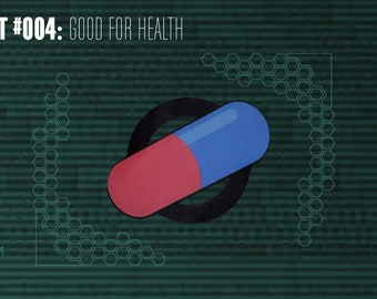 May include: A red and blue pill sticker with the text "PHANTOM PORT #004: GOOD FOR HEALTH" and "APPROX 3.75 in. w x 2.5 in h" on a green background.