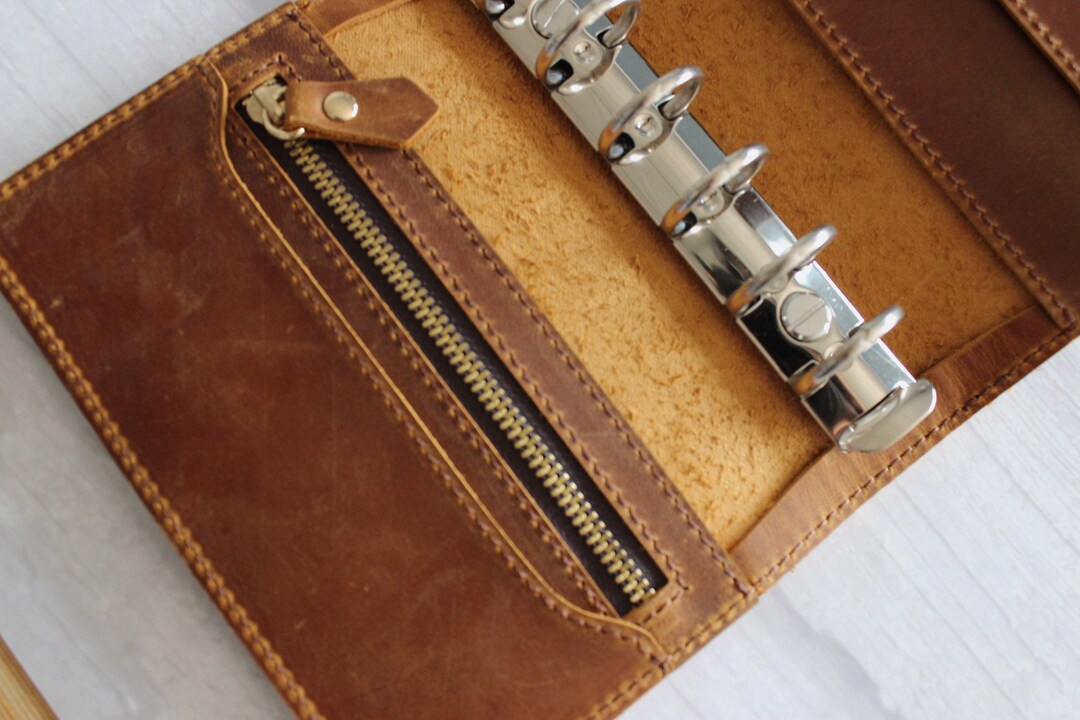 A7 Leather Planner Binder, Zipper Mini Journal Cover Refillable