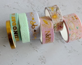 Washi tape set 7 rolls, slim gold glitter masking tape pink bow knot, gold rose washi bujo accessories, journaling supplies,masking tape