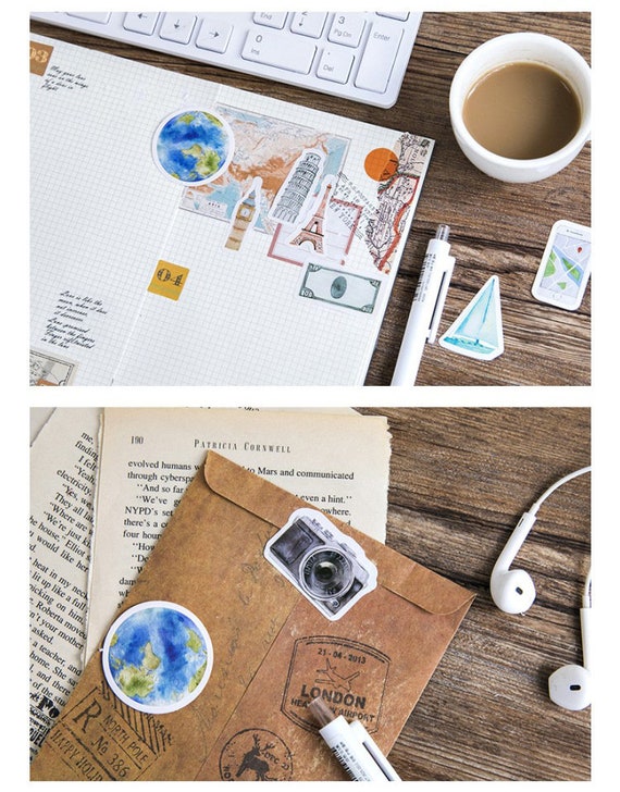 46 Kawaii Stickers Pack Bujo Stickers, Watercolor Cute Stickers Camera  Flowers Globe Bike Balloons Bus, Aesthetic Journaling Supplies 