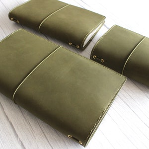 Leather travelers notebook starters kit olive green, pocket journal with elastic band with refills pouches passport sized personalized gift