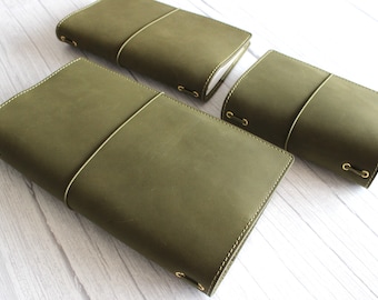 Leather travelers notebook starters kit olive green, pocket journal with elastic band with refills pouches passport sized personalized gift