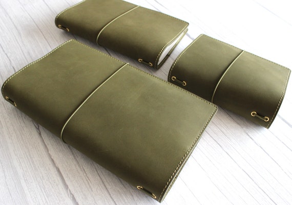 Leather Travelers Notebook Starters Kit Olive Green, Pocket