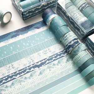 Blue Washi tape set for planners bujo junk journal, grid washi, geometrical mermaid scale mixed widths 6MM 15MM, Masking tape, planner tape