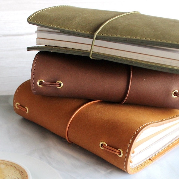 Leather travelers notebook, pocket journal, passport TN cover, 3 sizes with refills pockets PVC pouch, olive brown black navy blue matt