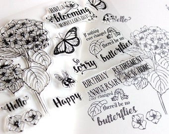 Clear stamp set bujo planner plants flowers nature caterpillars butterflies positive quotes statement, rubber stamp journaling stamp kit