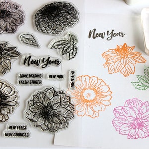 Clear flower planner stamp set chrysanthemum daisy leaves  stamp, positive rubber stamp, bujo, junk journaling scrapbooking