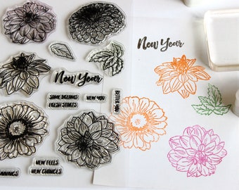 Clear flower planner stamp set chrysanthemum daisy leaves  stamp, positive rubber stamp, bujo, junk journaling scrapbooking
