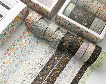 Liberty washi tape set gold foil vintage 10 rolls, planner washi flowers leaves bujo supplies tape, quilt pattern, journaling supplies