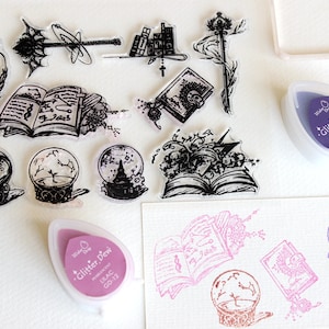 Clear stamp set Magic wand crystal ball grimoire, potter rubber stamp, Halloween junk journaling supplies vintage, bujo décor