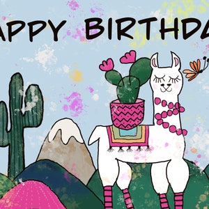 Lhama Feliz Aniversário digital, cartão para impressão, marcador, etiqueta, cartão postal