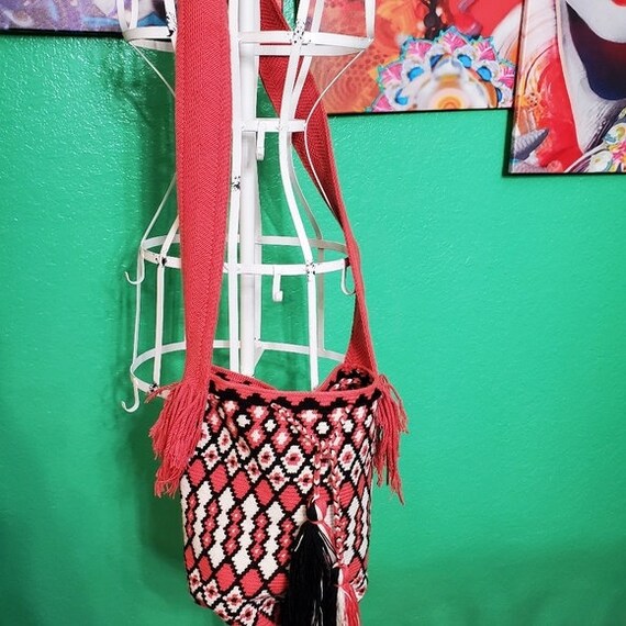 Boho Pink/ Black/White Woven Cross Body Bucket Bag - image 2