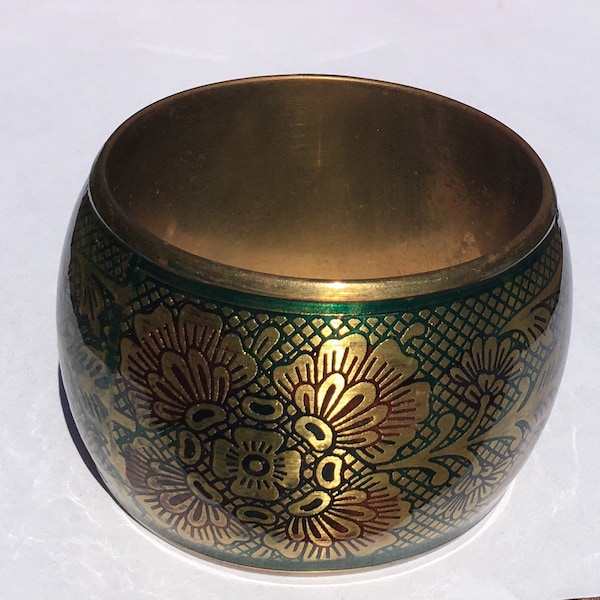 Vintage Wide Brass Bangle with Floral Design