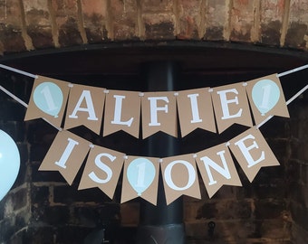 Personalised First Birthday Bunting: Recycled Card, Blue Balloon Decor