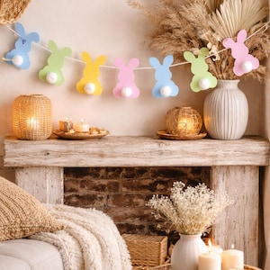 Easter Decorations, Bunny Garland, Handmade Pastel Bunny Decoration, Soft Cotton Tail Bunny Banner, Letterbox Gift.