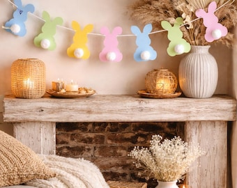 Easter Decorations, Bunny Garland, Handmade Pastel Bunny Decoration, Soft Cotton Tail Bunny Banner, Letterbox Gift.