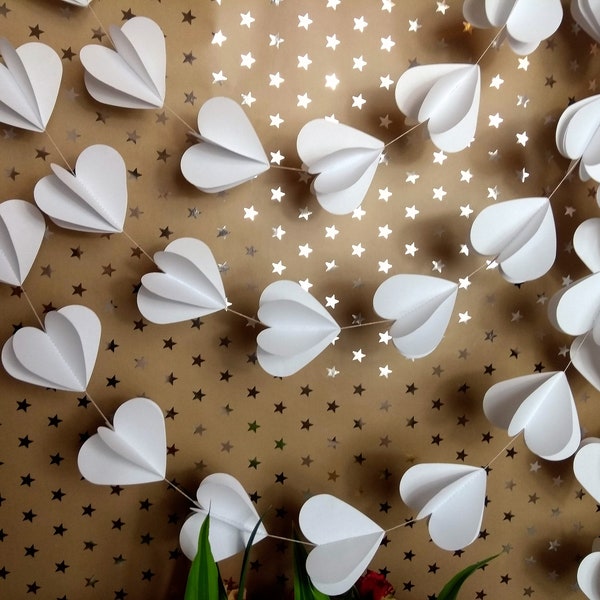 3 x White Heart Garlands, White Valentine's Garlands, 3D White Heart Garlands, White Wedding Decoration, Paper Heart Decorations..