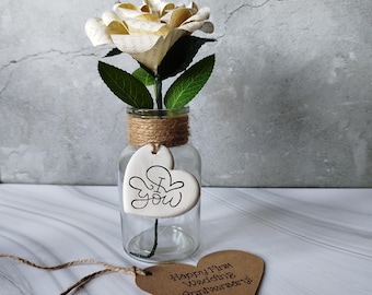 Personalized Paper Rose with Custom Text in Glass Jar  First Anniversary Gift  Song Lyrics, Vows, or Any Message And  Clay “I Love You” Tag
