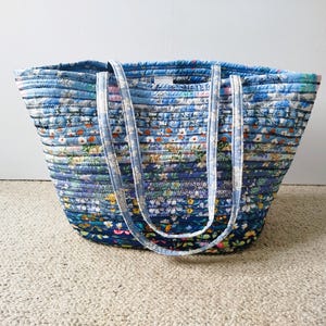 Large Tote Bag Handmade Quilted Cotton Blue Fabric Shopper, Beach, Gym & Spa Bag, Eco-Friendly 100% Cotton