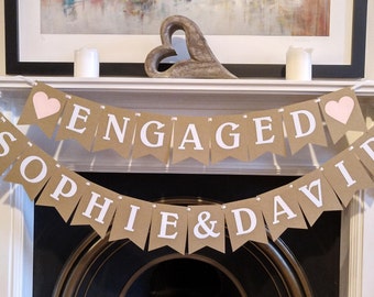 Custom Engagement Garland - Banner, Personalised Bunting, Pink, Purple, Red, Custom Engagement Party Decor, Heart Garland, Banner