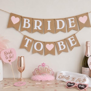 Bride To Be Banner - Heart Hen Party Decoration, White Bridal Shower Bunting, Hen Do Garland, Pink Heart Decor