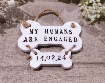 My Humans Are Engaged, Personalised Novelty Pet Keepsake, Newly Engaged Couples Gift, Dog Lover's Letterbox Gift, Handcrafted Clay Ornament.