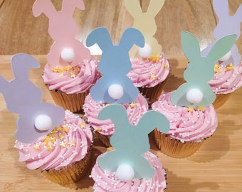 10 Easter Cupcake Toppers, Cute Bunny Cake Decorations, Eco Friendly Party Tableware, Handmade In The UK Bunny Ears And Fluffy Bums.