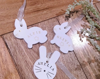 Personalised Easter Tree Decoration,  Clay Bunny Ornament with Elegant Gold or Black Lettering, Handcrafted Custom Gift.