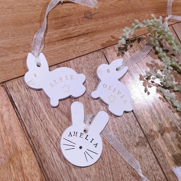 Personalised  Easter Gift,  Custom Tree Decoration,  Clay Bunny Ornament with Elegant Gold or Black Lettering, Handcrafted Custom Gift.