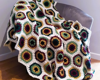Retro Hexagon Crochet Blanket Pattern: Easy Afghan Throw (PDF Pattern)