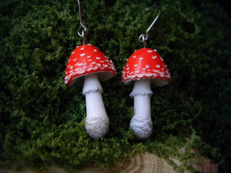 Op de afbeelding: Een paar rode en witte paddenstoel oorbellen. De paddenstoelen hebben een witte steel en een rode dop met witte stippen.