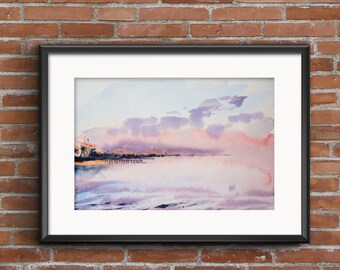 original watercolor painting. Soft abstract landscape in pink and purple colours. Sea and sky, line of Limassol city in horizon