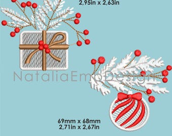 May include: Embroidered Christmas designs on a light blue background. One design features a gift box with a bow and sprigs with red berries, measuring 2.95in x 2.63in. The other design is a Christmas ornament with red stripes and a bow, measuring 2.71in x 2.67in.