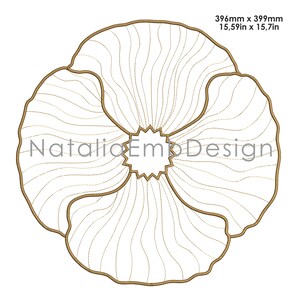 May include: A four-petaled floral design with a white background and a brown outline. The design includes the text "NataliaEmbDesign" and dimensions of 396mm x 399mm, equivalent to 15.59in x 15.7in.