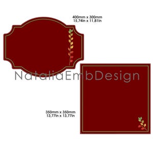 May include: Two burgundy-colored decorative shapes. One is an oval with a gold border and a leaf design, measuring 15.74 x 11.81 inches. The other is a square with a gold border and a leaf design, measuring 13.77 x 13.77 inches. The text "Natalia EmbDesign" is also present.