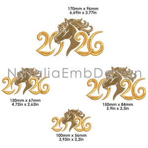May include: Gold and brown horse head and "2026" design. The design is available in four sizes: 6.69 x 3.77 inches (170mm x 96mm), 4.72 x 2.63 inches (120mm x 67mm), 5.9 x 3.3 inches (150mm x 84mm), and 3.93 x 2.2 inches (100mm x 56mm).