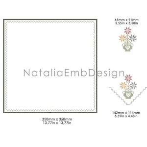 May include: A white square with a zig-zag border, featuring a floral cross-stitch design. The image includes measurements of 13.77 x 13.77 inches, 2.55 x 3.58 inches, and 5.59 x 4.48 inches. The text "NataliaEmbDesign" is also present.