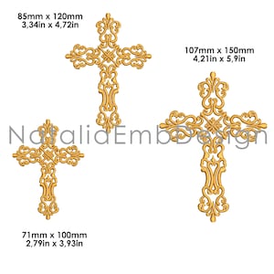 May include: Three gold ornate cross embroidery designs in different sizes. The smallest cross is 2.79 inches by 3.93 inches, the middle cross is 4.21 inches by 5.9 inches, and the largest cross is 3.34 inches by 4.72 inches.
