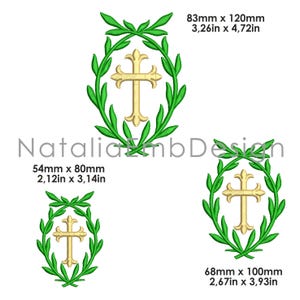 May include: Three embroidery designs of a gold cross with a green wreath. The designs are in three different sizes: 3.26 inches by 4.72 inches, 2.12 inches by 3.14 inches, and 2.67 inches by 3.93 inches.