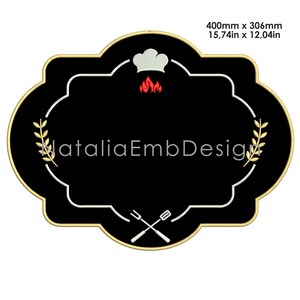 May include: A black and gold decorative sign with a white border. The sign features a chef's hat, flames, crossed grill tools, and the text "NataliaEmbDesign". The dimensions are 15.74 inches by 12.04 inches.