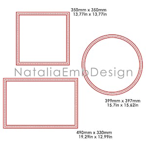Może przedstawiać: Trzy czerwone ramki z kropkowaną linią w kształcie kwadratu, prostokąta i okręgu. Kwadratowa ramka ma wymiary 350mm x 350mm, prostokąt 490mm x 330mm, a okrąg 399mm x 397mm. Tekst "Natalia EmDesign" znajduje się na środku.