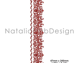May include: Red embroidered border design with intricate floral patterns and swirly details. The design measures 1.85 inches by 9.64 inches.