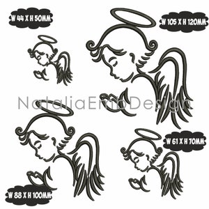 May include: Four black and white line drawings of angels with halos. The angels are in different sizes, with the largest angel measuring 105 mm wide by 120 mm high. The smallest angel measures 44 mm wide by 50 mm high.